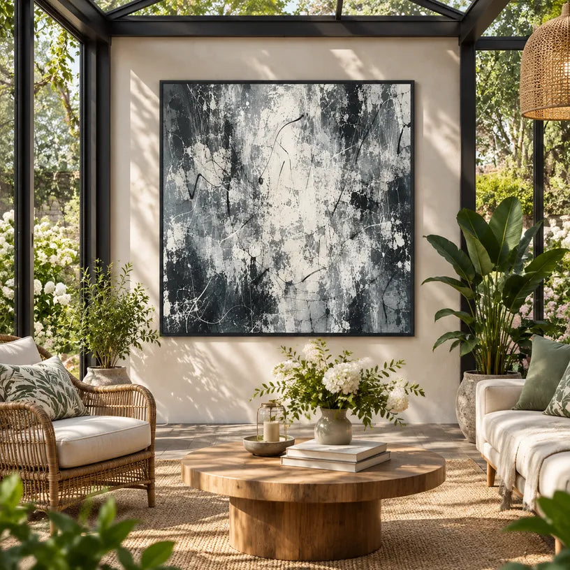 Abstract Expressionist abstract oil painting showing soft grey and white textured marks in a grey palette, contemporary wall art.