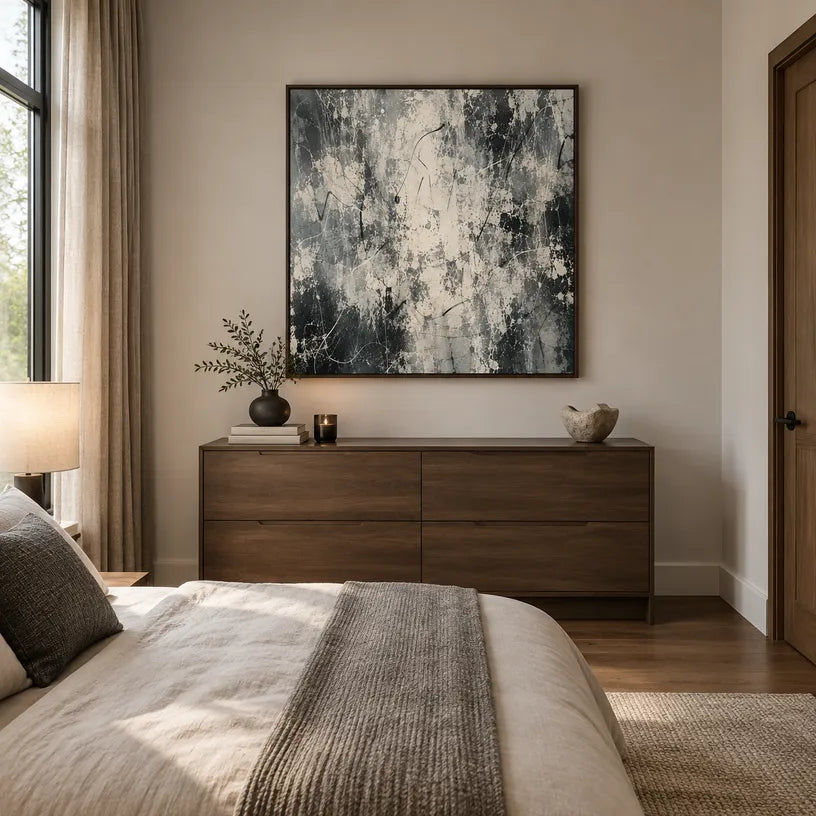 Abstract Expressionist abstract oil painting showing soft grey and white textured marks in a grey palette, contemporary wall art.