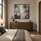 Abstract Expressionist abstract oil painting showing soft grey and white textured marks in a grey palette, contemporary wall art.