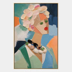 Abstract Expressionist portraiture & figure oil painting showing a stylized portrait with teal, green and peach accents in a green palette, contemporary wall art.