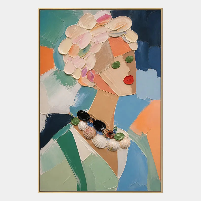 Abstract Expressionist portraiture & figure oil painting showing a stylized portrait with teal, green and peach accents in a green palette, contemporary wall art.