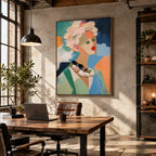 Abstract Expressionist portraiture & figure oil painting showing a stylized portrait with teal, green and peach accents in a green palette, contemporary wall art.