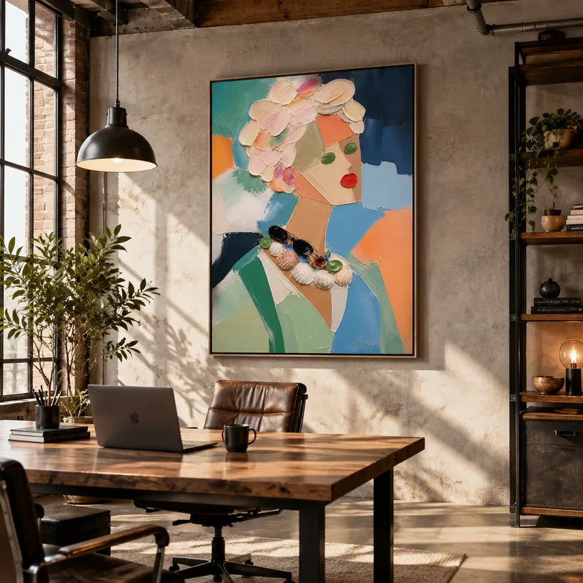 Abstract Expressionist portraiture & figure oil painting showing a stylized portrait with teal, green and peach accents in a green palette, contemporary wall art.