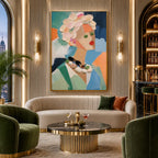 Abstract Expressionist portraiture & figure oil painting showing a stylized portrait with teal, green and peach accents in a green palette, contemporary wall art.