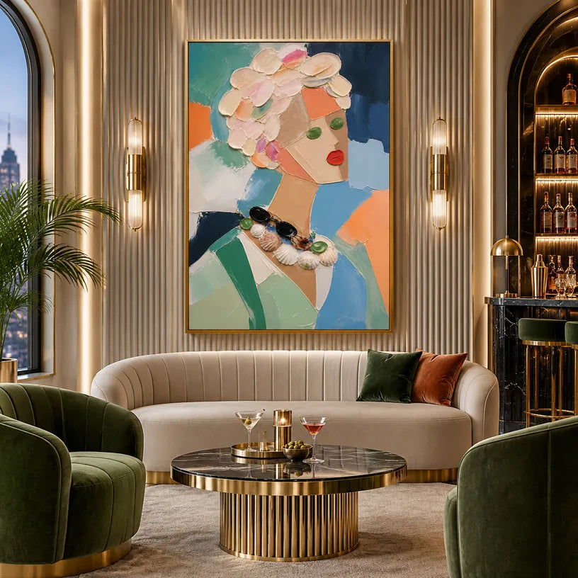 Abstract Expressionist portraiture & figure oil painting showing a stylized portrait with teal, green and peach accents in a green palette, contemporary wall art.