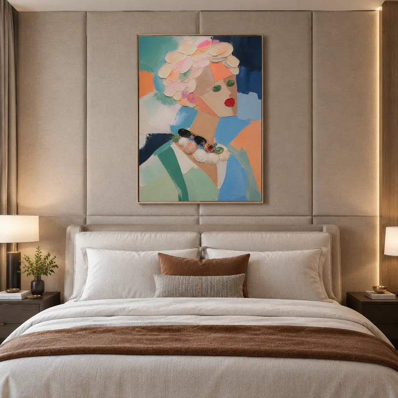 Abstract Expressionist portraiture & figure oil painting showing a stylized portrait with teal, green and peach accents in a green palette, contemporary wall art.