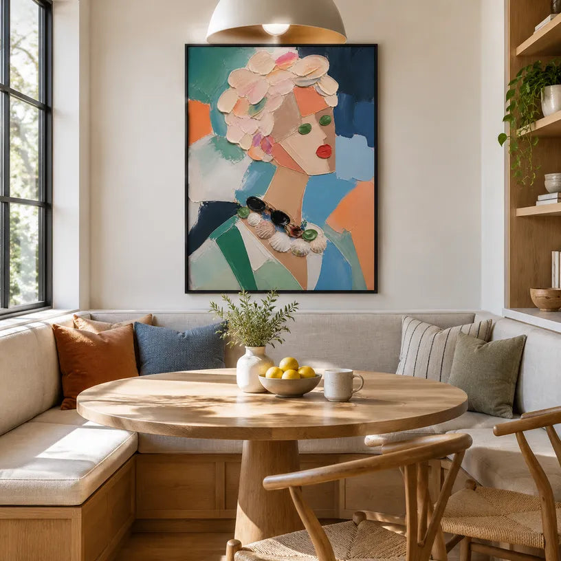 Abstract Expressionist portraiture & figure oil painting showing a stylized portrait with teal, green and peach accents in a green palette, contemporary wall art.