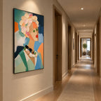 Abstract Expressionist portraiture & figure oil painting showing a stylized portrait with teal, green and peach accents in a green palette, contemporary wall art.