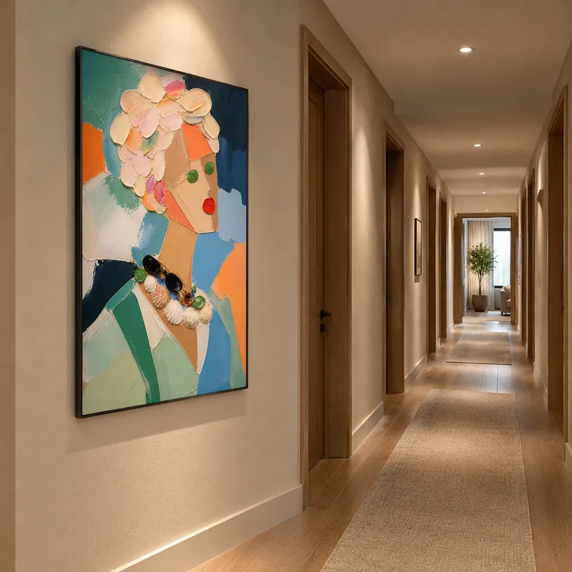 Abstract Expressionist portraiture & figure oil painting showing a stylized portrait with teal, green and peach accents in a green palette, contemporary wall art.