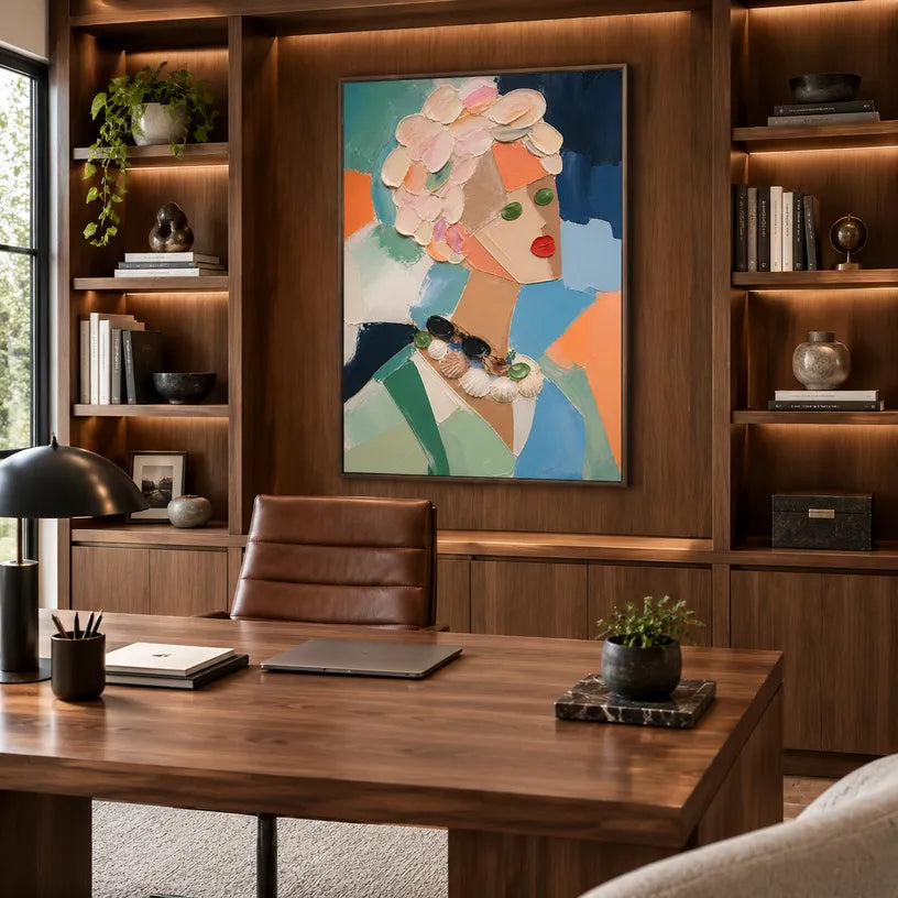 Abstract Expressionist portraiture & figure oil painting showing a stylized portrait with teal, green and peach accents in a green palette, contemporary wall art.
