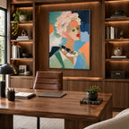 Abstract Expressionist portraiture & figure oil painting showing a stylized portrait with teal, green and peach accents in a green palette, contemporary wall art.
