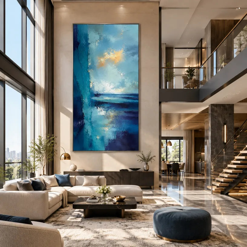 Abstract Expressionist landscapes & seascapes & cityscapes oil painting showing a painterly landscape with distant hills, trees or reflective water in a blue palette.