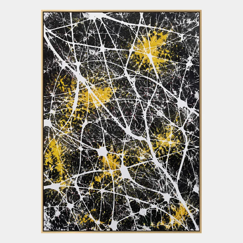 Abstract Expressionist abstract oil painting showing dark abstract ground with white web-like lines in a black palette, contemporary wall art.