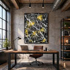 Abstract Expressionist abstract oil painting showing dark abstract ground with white web-like lines in a black palette, contemporary wall art.