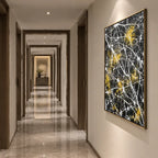 Abstract Expressionist abstract oil painting showing dark abstract ground with white web-like lines in a black palette, contemporary wall art.