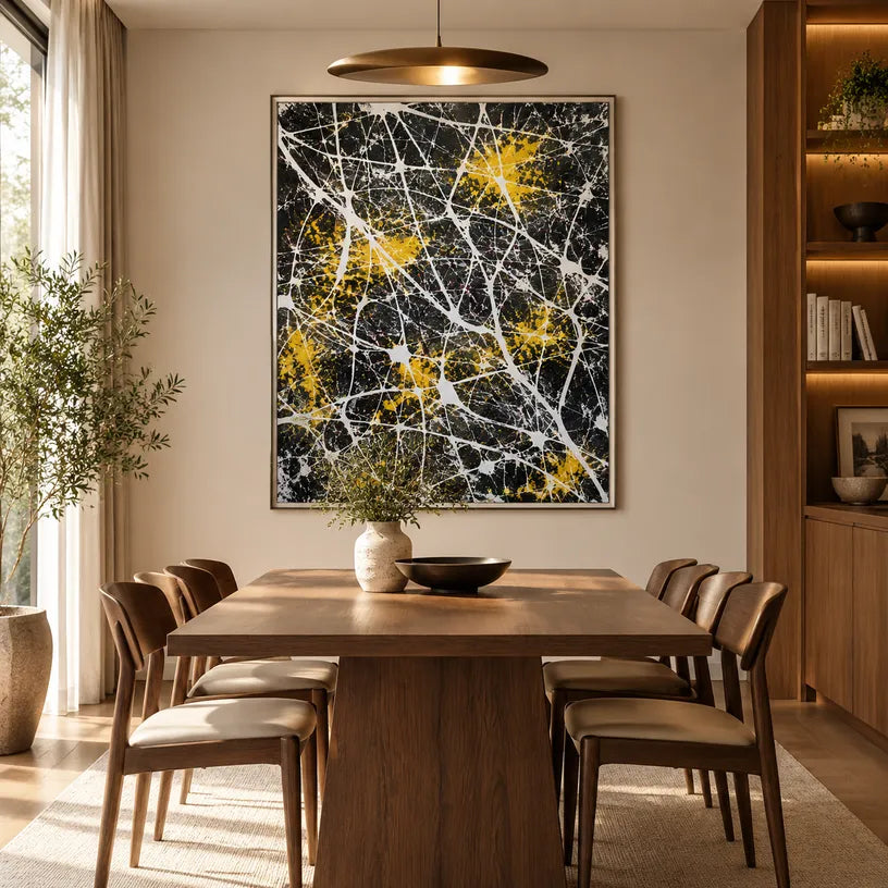 Abstract Expressionist abstract oil painting showing dark abstract ground with white web-like lines in a black palette, contemporary wall art.