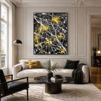 Abstract Expressionist abstract oil painting showing dark abstract ground with white web-like lines in a black palette, contemporary wall art.