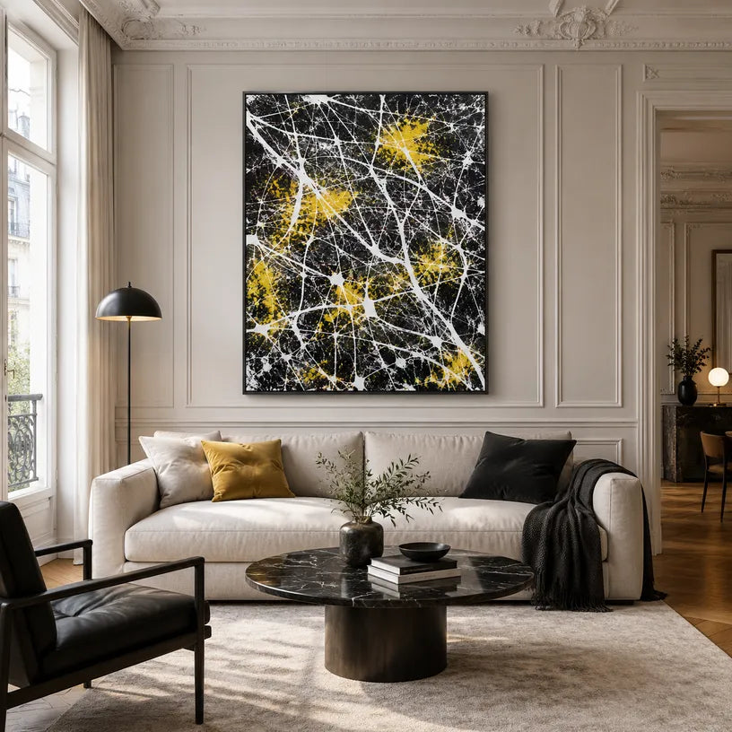 Abstract Expressionist abstract oil painting showing dark abstract ground with white web-like lines in a black palette, contemporary wall art.