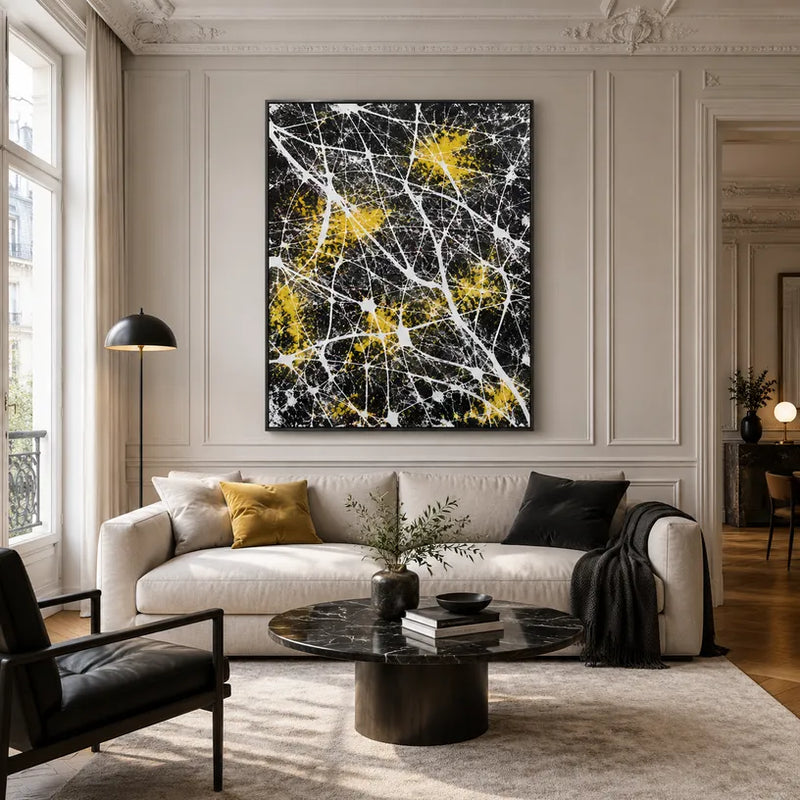 Espressionismo astratto Pittura a olio astratta e concettuale con segni astratti stratificati, consistenza e movimento pittorico espressivo in una tavolozza in bianco e nero.