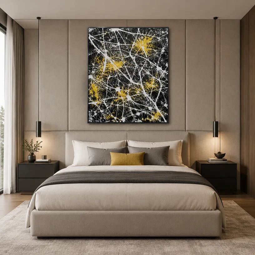 Abstract Expressionist abstract oil painting showing dark abstract ground with white web-like lines in a black palette, contemporary wall art.