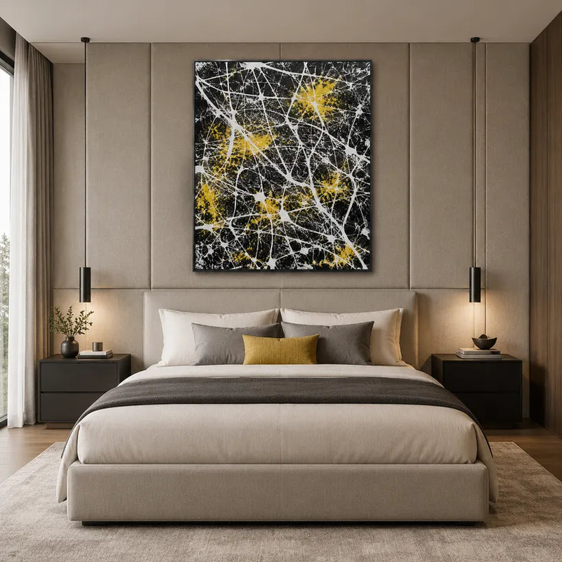 Espressionismo astratto Pittura a olio astratta e concettuale con segni astratti stratificati, consistenza e movimento pittorico espressivo in una tavolozza in bianco e nero.