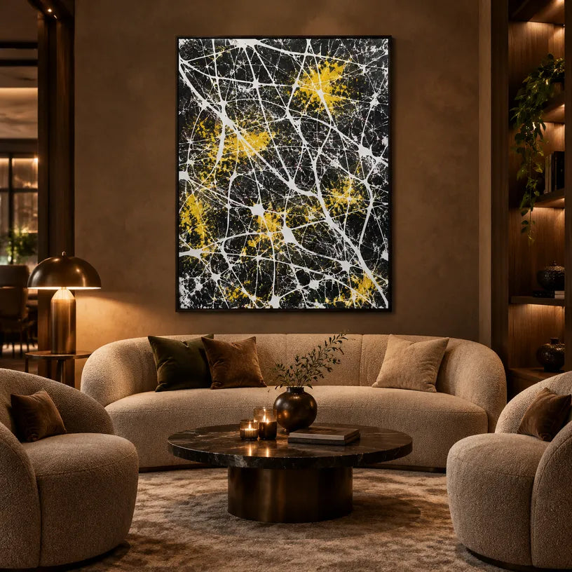 Abstract Expressionist abstract oil painting showing dark abstract ground with white web-like lines in a black palette, contemporary wall art.