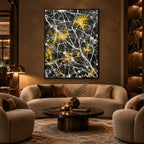 Abstract Expressionist abstract oil painting showing dark abstract ground with white web-like lines in a black palette, contemporary wall art.