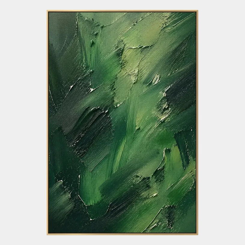 Abstract Expressionist abstract oil painting showing layered abstract marks, texture and expressive painterly movement in a green palette.
