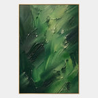 Abstract Expressionist abstract oil painting showing layered abstract marks, texture and expressive painterly movement in a green palette.