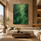 Abstract Expressionist abstract oil painting showing layered abstract marks, texture and expressive painterly movement in a green palette.