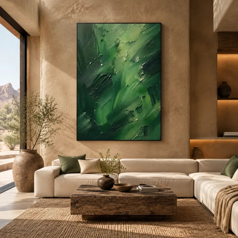 Abstract Expressionist abstract oil painting showing layered abstract marks, texture and expressive painterly movement in a green palette.