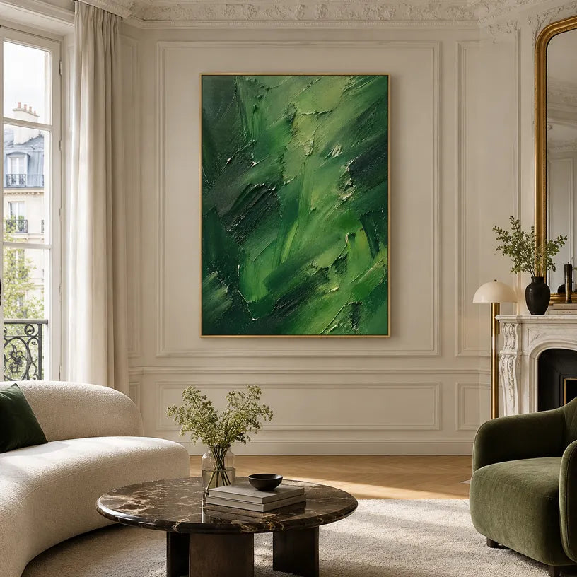 Abstract Expressionist abstract oil painting showing layered abstract marks, texture and expressive painterly movement in a green palette.