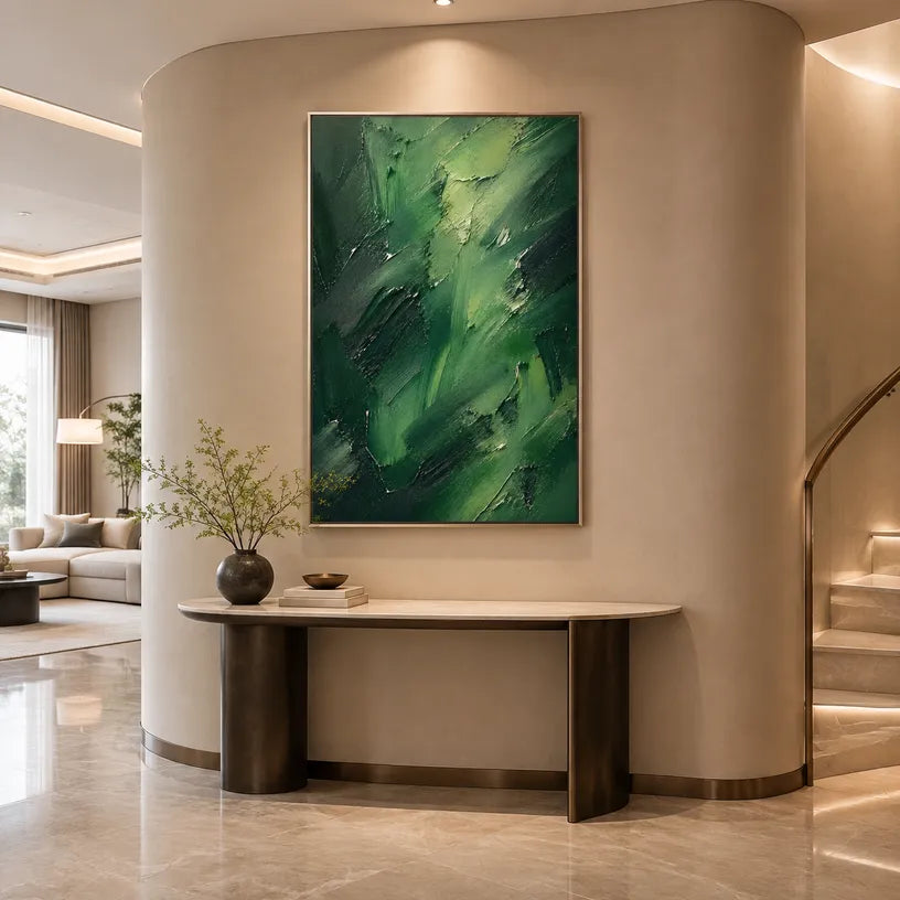 Abstract Expressionist abstract oil painting showing layered abstract marks, texture and expressive painterly movement in a green palette.
