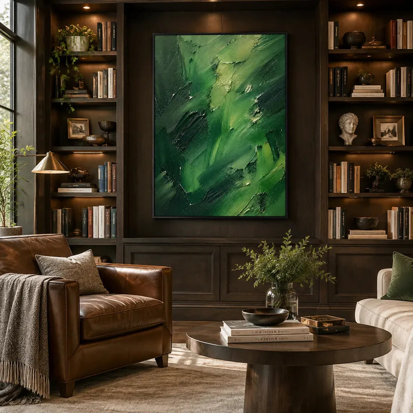 Abstract Expressionist abstract oil painting showing layered abstract marks, texture and expressive painterly movement in a green palette.