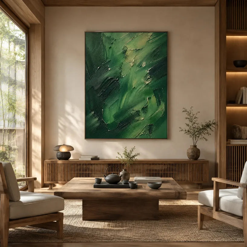 Abstract Expressionist abstract oil painting showing layered abstract marks, texture and expressive painterly movement in a green palette.