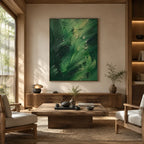 Abstract Expressionist abstract oil painting showing layered abstract marks, texture and expressive painterly movement in a green palette.