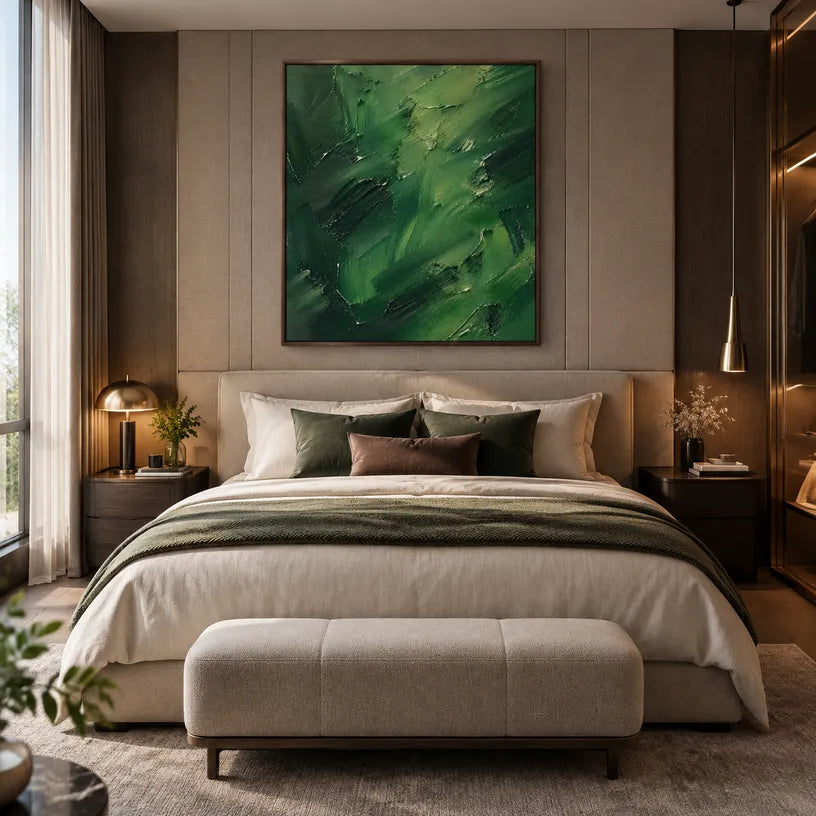 Abstract Expressionist abstract oil painting showing layered abstract marks, texture and expressive painterly movement in a green palette.