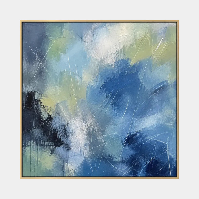 Abstract Expressionist abstract oil painting showing layered abstract marks, texture and expressive painterly movement in a blue palette.