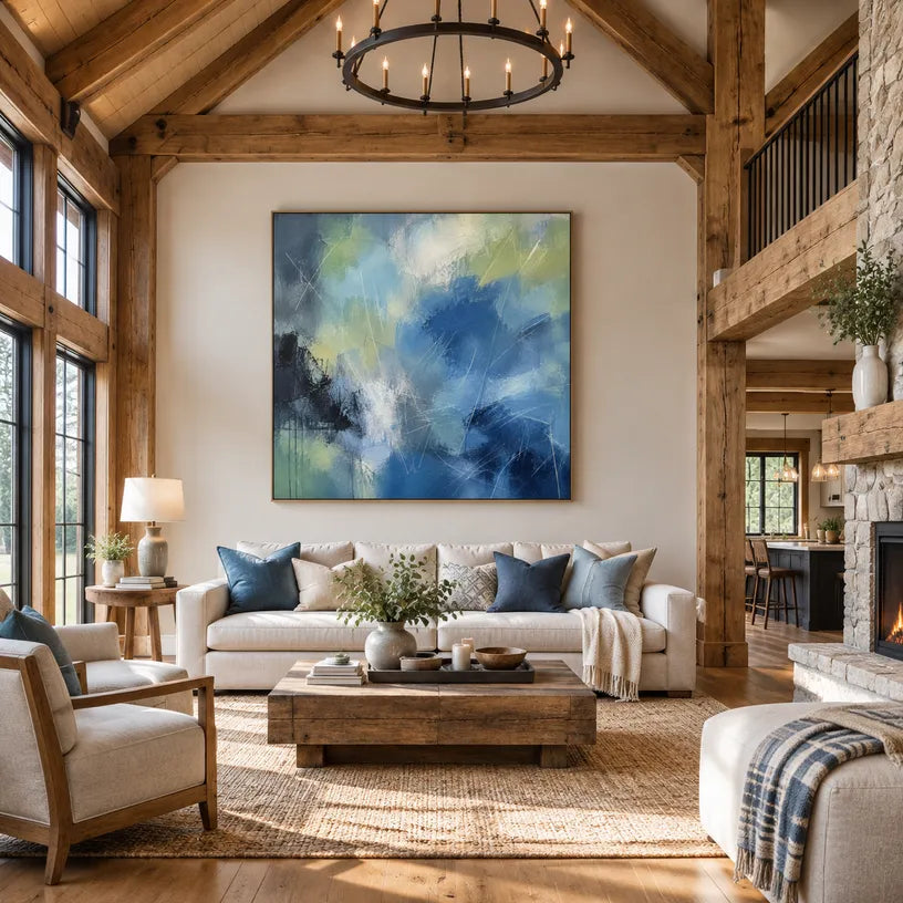 Abstract Expressionist abstract oil painting showing layered abstract marks, texture and expressive painterly movement in a blue palette.