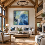 Abstract Expressionist abstract oil painting showing layered abstract marks, texture and expressive painterly movement in a blue palette.
