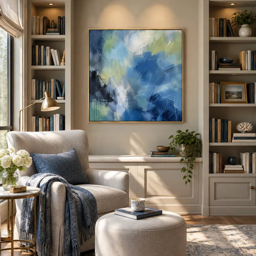 Abstract Expressionist abstract oil painting showing layered abstract marks, texture and expressive painterly movement in a blue palette.