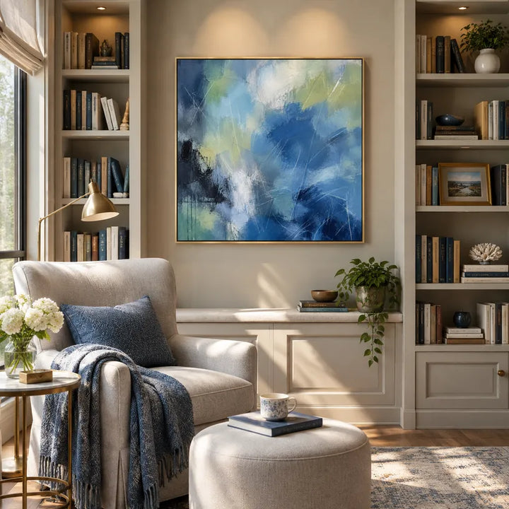 Abstract Expressionism abstract & conceptual oil painting featuring layered abstract marks, texture and expressive painterly movement in a blue palette.
