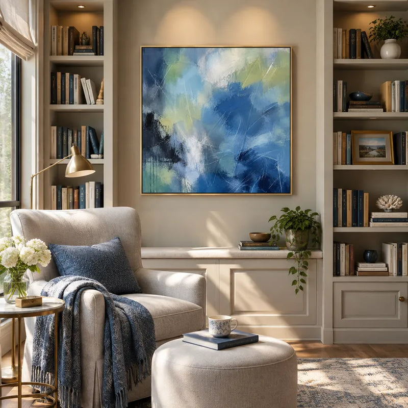 Espressionismo astratto Pittura a olio astratta e concettuale con segni astratti stratificati, consistenza e movimento pittorico espressivo in una tavolozza blu.