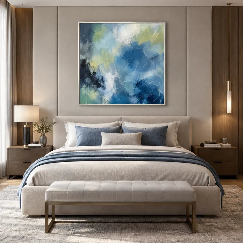 Abstract Expressionist abstract oil painting showing layered abstract marks, texture and expressive painterly movement in a blue palette.