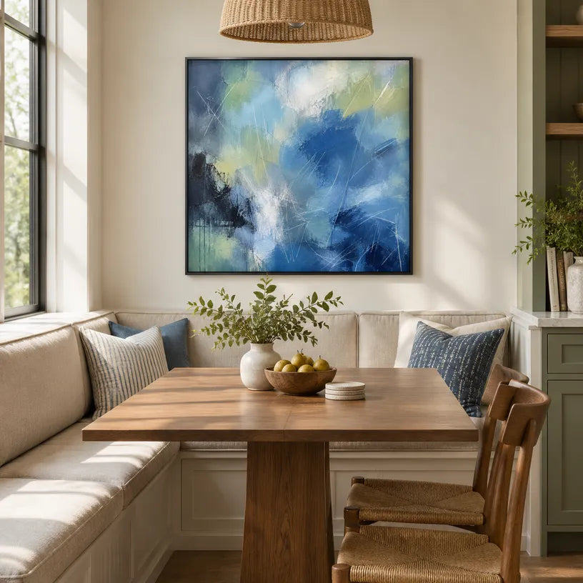 Abstract Expressionist abstract oil painting showing layered abstract marks, texture and expressive painterly movement in a blue palette.