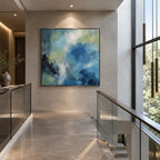 Abstract Expressionist abstract oil painting showing layered abstract marks, texture and expressive painterly movement in a blue palette.