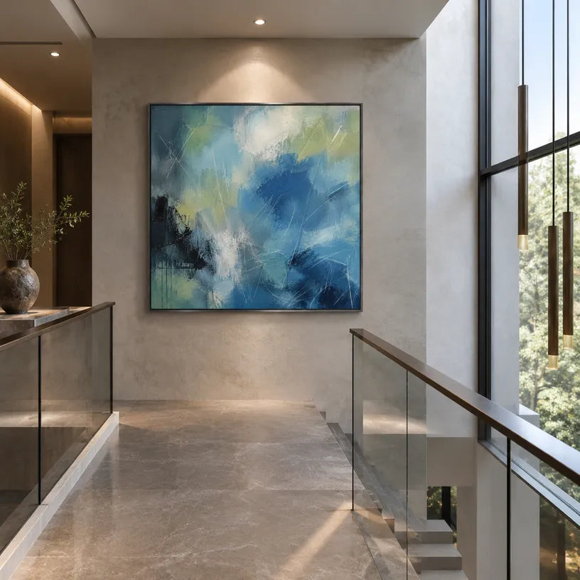 Abstract Expressionist abstract oil painting showing layered abstract marks, texture and expressive painterly movement in a blue palette.