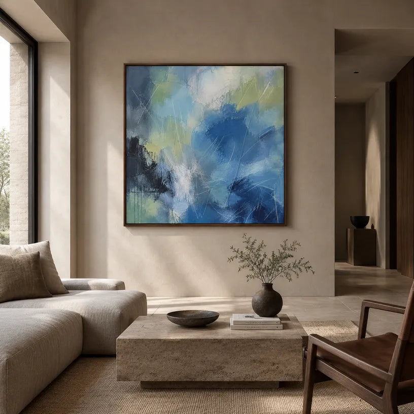 Abstract Expressionist abstract oil painting showing layered abstract marks, texture and expressive painterly movement in a blue palette.