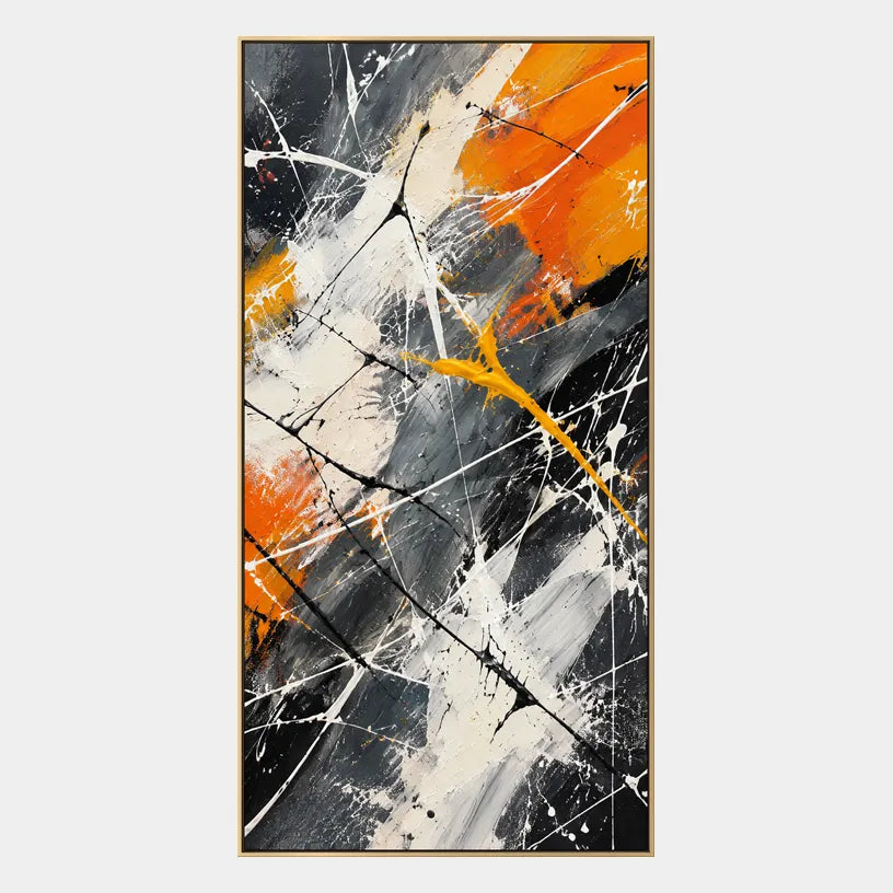 Abstract Expressionist abstract oil painting showing black, white and orange expressive brushwork in a black palette, contemporary wall art.