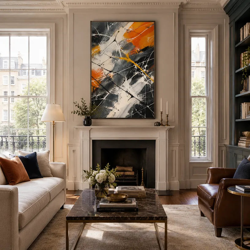 Abstract Expressionist abstract oil painting showing black, white and orange expressive brushwork in a black palette, contemporary wall art.